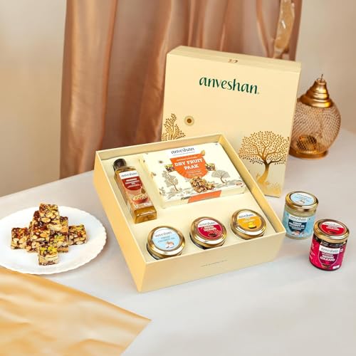 Image of Anveshan Diwali Gift hamper - Dry Fruit Paak, A2 Desi Cow Ghee, Wood-Pressed Groundnut Oil, Cold Pressed Virgin Coconut Oil & Mishri Gulkand | Festive Gift Box | Hamper For Gifting