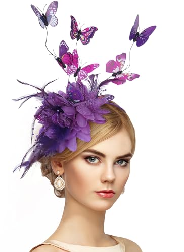 Zinniday Purple Butterfly Fascinators Hat - 2025 Derby Flower Fascinator Feather Tea Party Hat for Women Lady Girls, Monarch Butterfly Headband for Masquerade Renaissance Party Costume Headwear