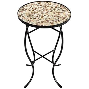 Mother of pearl modern black metal round outdoor accent side table 14 wide natural mosaic tile tabletop gracefully curved legs for spaces porch patio home house balcony deck  urban country home decor