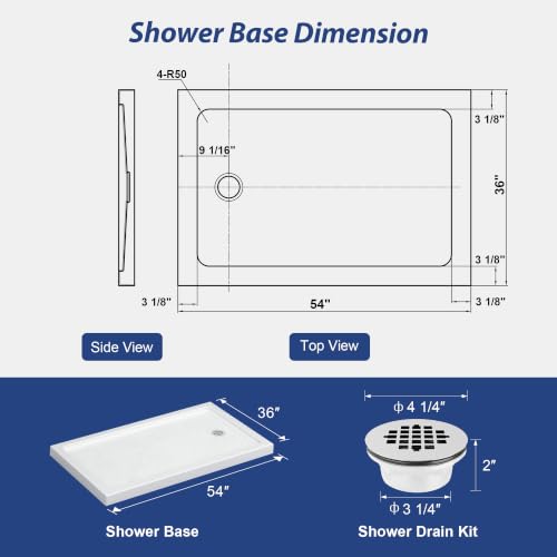 Image of KPUY 54'' L X 36'' W Shower Base Pan with Reversible Install, White