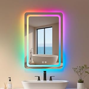 LUXFURNI LED Bathroom Mirror with Lights, RGB Lighted Vanity Mirrors for Bathroom Wall, Backlit and Front Light, Dimmable Touch Screen Mirror Tempered Glass, 16 x 24 Inch