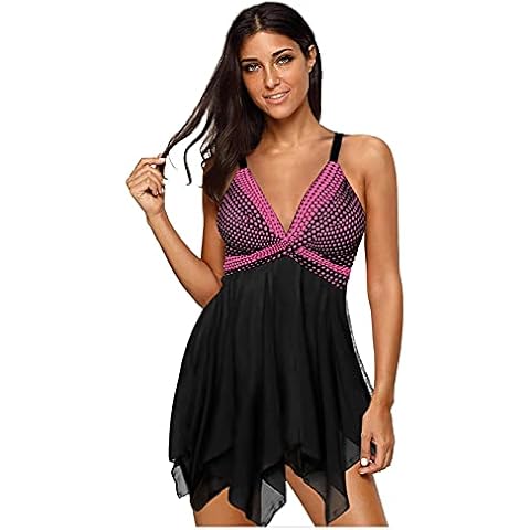 SAILBEE Deep V Two-Piece Swimsuit Swimdress and Skirt Rash Guard Set, Rosered, XX-Large Cover