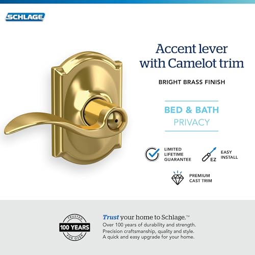 Image of SCHLAGE Accent Lever with Camelot Trim Bed and Bath Lock in Bright Brass
