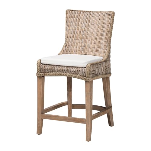 Bali & pari Derris Natural Rattan Counter Stool with Cushion - Tall Wingback Stool with Solid Mango Wood Legs and Footrest, Boho Coastal Style for Kitchen Island or Dining Area Seating, Greywashed