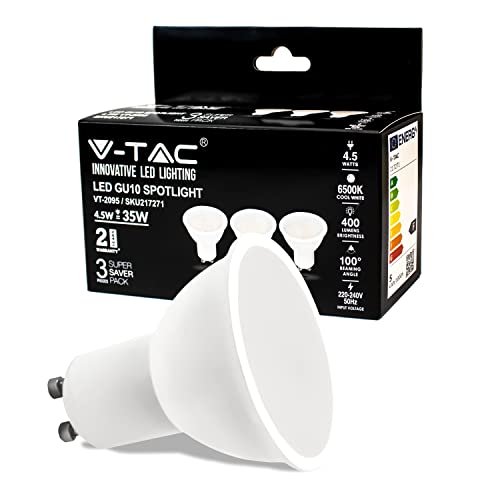 V-TAC Ampoules LED GU10-4,5W 400 Lumen - Spot LED GU10 pour une efficacité maximale et une économie d'énergie - Blanc Froid 6500K - (Lot de 3) VT-2095