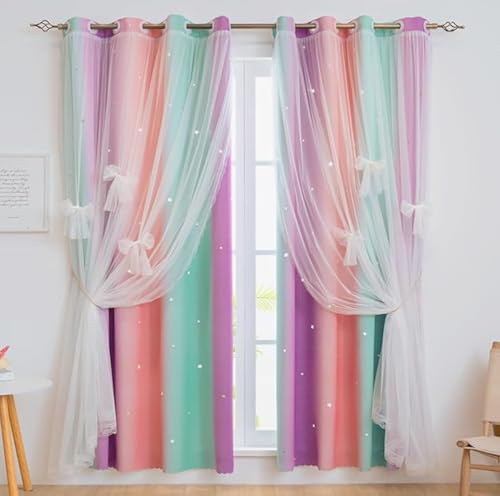 Image of Yancorp Curtains for Girls Bedroom Kids Curtain Hollow-Out Star Window Nursery Curtain 72 inches Length Room Darkening Grommet 2 Layers (Green Pink Purple, W52 X L72)