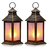 Tondiamo 2 Pcs 8.4'' Vintage Lanterns LED Indoor Lanterns Decorative Small Lamp Flame Effect Retro Battery Operated Candles for Ramadan Decoration Outdoor Hanging Patio Garden Yard Porch Decor(Bronze)