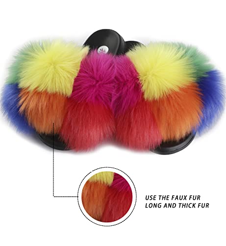 Image of Women's Faux Fur Slides, Open Toe Cute Fur Slippers, Indoor or Outdoor Comfortable Furry Slide Sandals With Fluffy Fur
