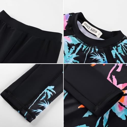 Image of GRACE KARIN Girls Long Sleeve Swimsuit Two Piece Rashguard Floral Swimwear 6-14Y