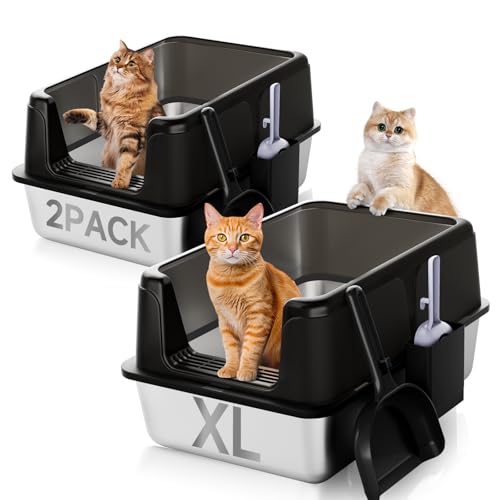 KISENG 2 Pack Stainless Steel Litter Box, XL Enclosed Cat ...