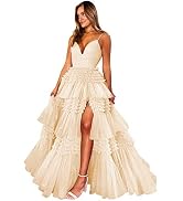 IIF Glitter Tulle Prom Dresses for Women Ball Gown with Slit Long Spaghetti Strap Evening Dress I...