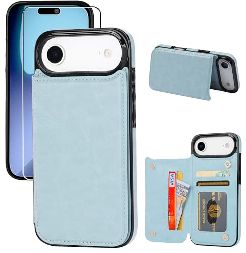 Étui iPhone 17 Air en cuir avec béquille et protection d'écran Bleu glacier