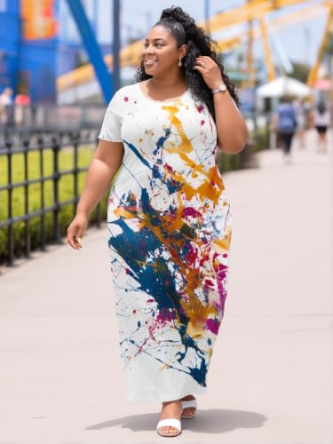 Image of PinkPatty Plus Size Dress for Women Casual Crew Neck Short Sleeve Maxi Dress Oversized Summer Beach Dresses with Pockets