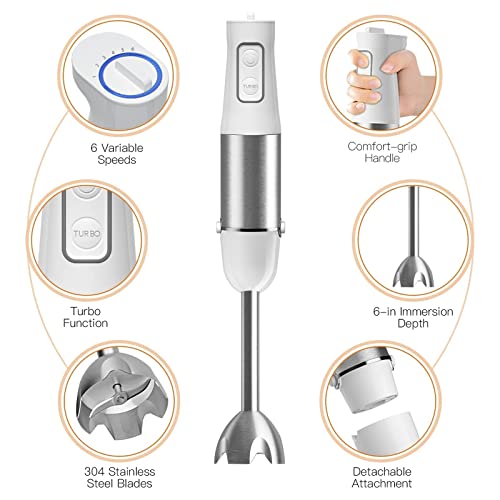 Immersion Blender Handheld, 5 In 1 Multi-Purpose Hand Blender Electric 500W 6-Speed With Turbo Mode, Stick Blender With 500Ml Food Chopper, 600Ml Beaker, Stainless Steel Egg Whisk, Milk Frother (5 In 1) #TOP5
