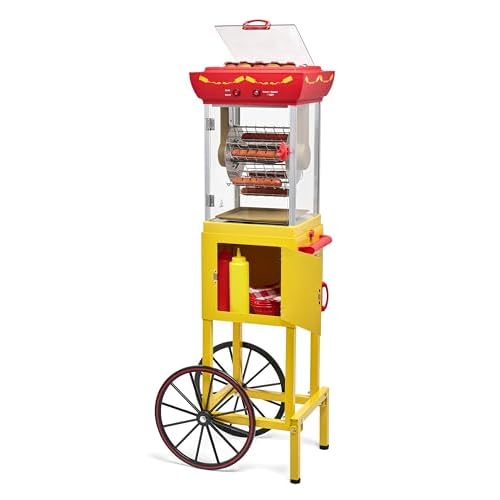 Nostalgia Oscar Mayer Hot Dog Ferris Wheel - Retro Style Hot Dog Roller Cart Toaster - Classic 6-Piece Grill Machine with Bun Warmer, Push Handle, Wheels, Transparent Housing, Storage Compartment