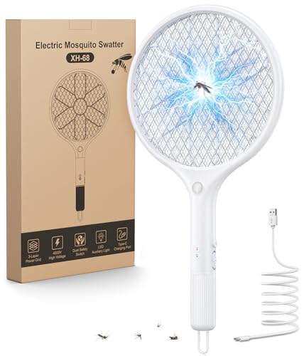 Mohard Raquette Electrique Insectes, 4000V Tapette à Mouche Rechargeable USB-C, Grille de Sécurité 3 Couches & Lumière LED, Légère Raquette Anti...
