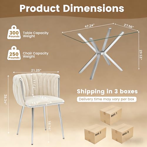 Image of Silver Glass Dining Table Set for 4 with 47.2 inch Rectangular Tempered Glass, 5 Pieces Kitchen Table Set with 4 Comfortable Velvet Chairs for Living Room, Apartments Small Place, Cafe (Beige Chairs)
