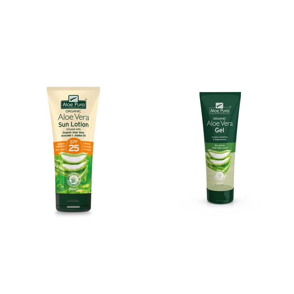 Aloe Pura, Organic Aloe Vera Sun Lotion SPF 25, Natural, Vegetarian, Cruelty Free, Paraben & SLS Free, Long-Lasting Shield, Medium Protection, 200ml & Organic Aloe Vera Gel 100ml