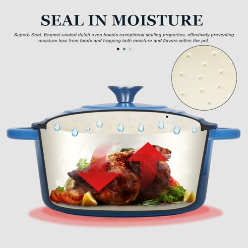 Image of Overmont Enameled Cast Iron Dutch Oven - 4.5QT Pot with Lid Cookbook & Cotton Potholders - Heavy-Duty Cookware for Braising, Stews, Roasting, Sourdough Baking blue