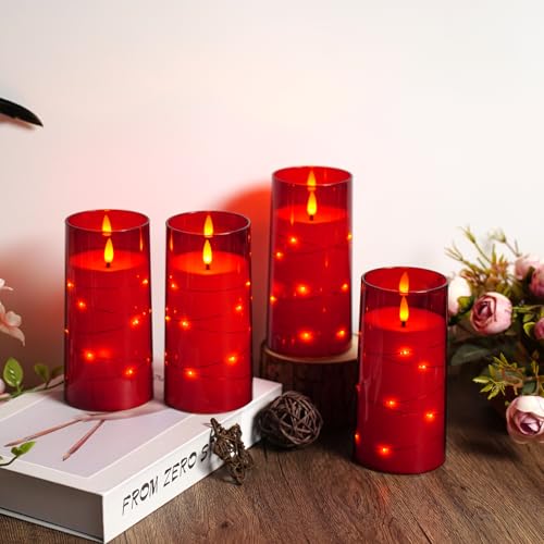 Image of Flickering Flameless Candles with Remote Timer, 6pcs LED Battery Operated Candles with Embedded String Lights Red, Same Size D3 H6