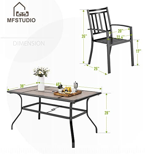 Mfstudio 7Pcs Patio Dining Table Set 6 Stackable Metal Slat Armrest Chairs And 1 Rectangular Woodlike Top Table Outdoor Furniture Sets For Backyard Lawn Garden #TOP6