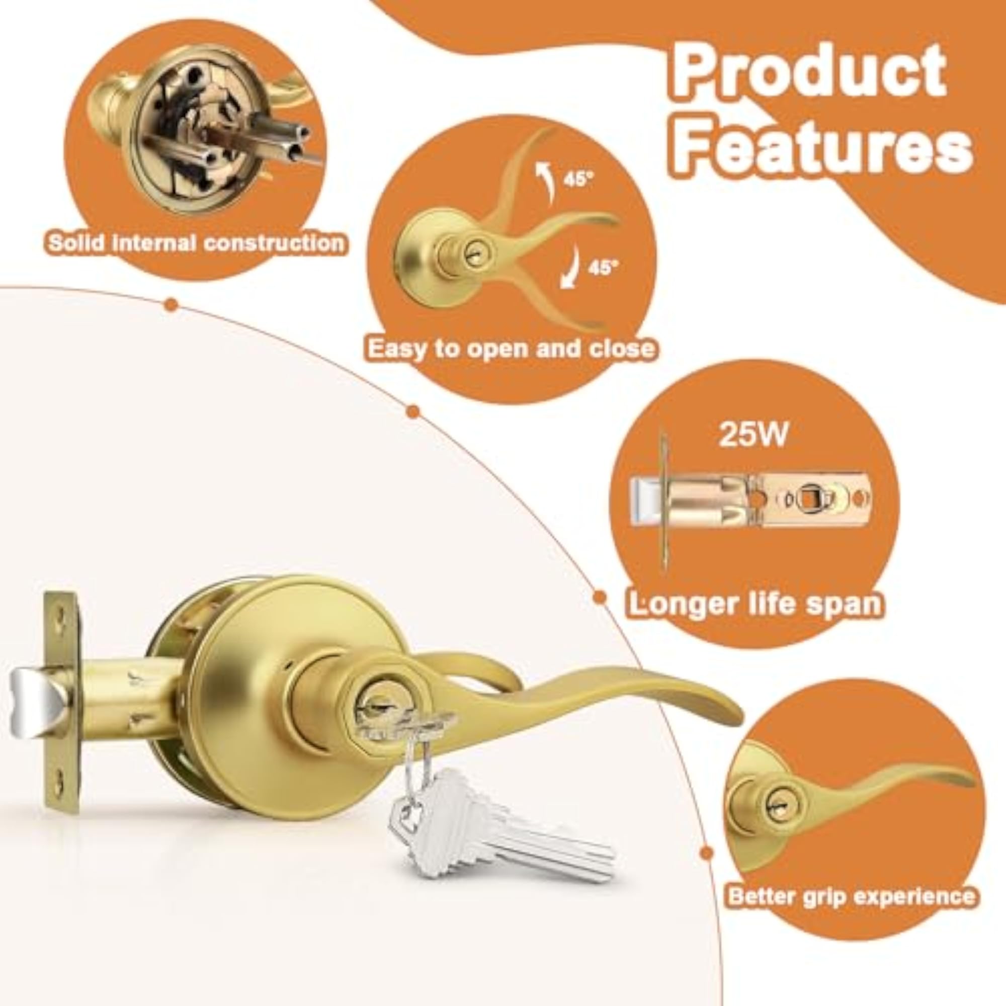 Brushed Door Handles, Front Exterior Door Handles with Lock and Keys