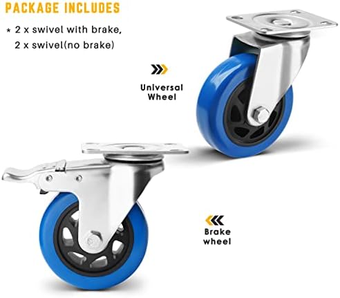 WISD 4 Inch Heavy Duty Castor Wheels with 2 Brake, 100mm up to 400 KG, set of 4, Silent Swivel Furniture Caster for Indoor and Outdoor Use, Blue