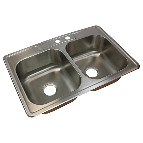 Transolid CTDE33228-MR2 Classic 2-Hole Drop-in 50/50 Double Bowl 18-Gauge Stainless Steel Kitchen Sink, 33-in x 22-in x 8-in, Brushed Finish