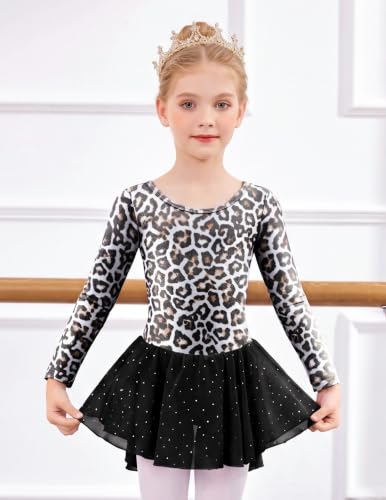 Image of Arshiner Girls Long Sleeve Ballet Leotards Shiny Criss-Cross Back Dress