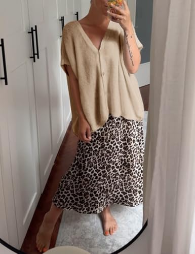 Image of Gihuo Women's Short Sleeve Sweater Cardigan Y2K Button Down Ribbed Knit Sweaters V Neck Oversized Going Out Tops(Khaki-M)