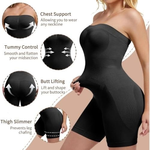 Image of Women's Seamless Tummy Control Shapewear Bodysuit with Adjustable Straps | Slimming Full Body Shaper with Shorts | Body Compression for Under Dresses (Pack of 2)