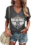 Women Rock Band T-Shirts Vintage Rock and Roll Country Music Shirt Funny Concert Outfit V-Neck Vacation Tops(Dark Grey-8,L)