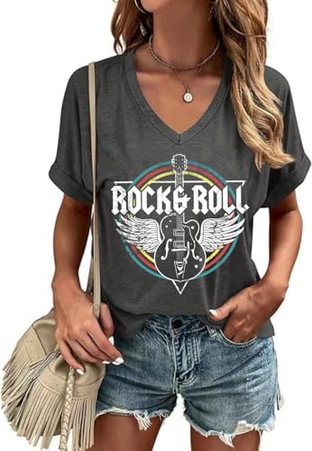 Women Rock Band T-Shirts Vintage Rock and Roll Country Music Shirt Funny Concert Outfit V-Neck Vacation Tops(Dark Grey-8,L)