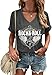 Women Rock Band T-Shirts Vintage Rock and Roll Country Music Shirt Funny Concert Outfit V-Neck Vacation Tops(Dark Grey-8,L)