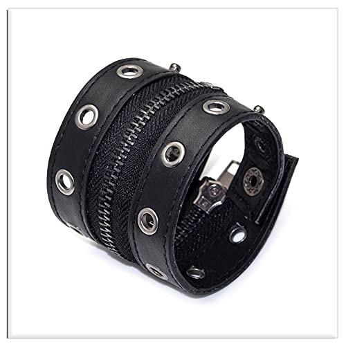 Image of Xusamss Punk Alloy Zipper Wristband Pu Leather Cuff Bracelet,7 1 /2 wrist