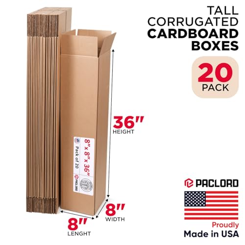 Image of Tall Cardboard Boxes 8 inchL x 8 inchW x 36 inchH (Pack of 20) - USA-Made Packing Boxes for Moving, Shipping, or Storage - USPS, UPS, FedEx Approved - Professional Packing Supplies for Moving | USA-Made Packing Boxes for Moving, Shipping, or Storage - USPS, UPS, FedEx Approved - Professional Packing Supplies