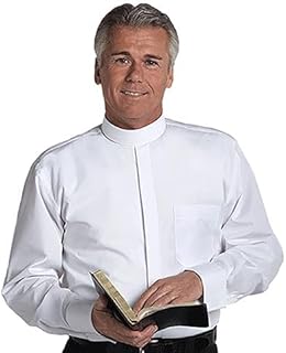 mens White Clergy Shirts - Long Sleeve Clerical Shirt With White French Cuffs and Banded Collar