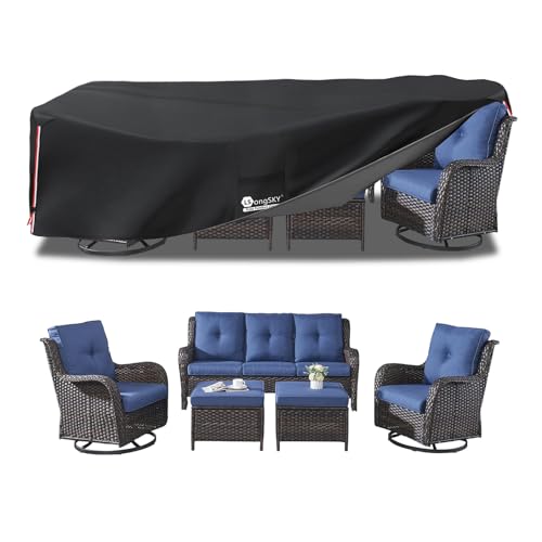 LSongSKY Outdoor Furniture Covers Waterproof,600D Heavy Duty Patio Cover for 6/7/8 PCS Sets Sectional Sofa Couch Dining Rocking Swivel Chairs Ottomans Coffee Table,111L x 74W x 28H inch Black