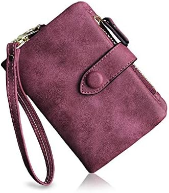 Womens Small Bifold Leather Wallets Rfid Ladies Wristlet with Card slots id window Zipper Coin Purse (Purple)