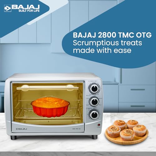 Image of Bajaj 2800TMC 28 Litre Oven Toaster Griller (OTG 28L)|1200 Watts Convection Oven For Kitchen|Motorised Rotisserie|Roasting & Grilling|Temp & Timer Control|Baking Accessories|2-Yr Warranty Bajaj|Black