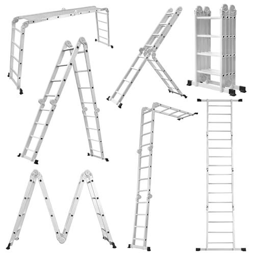 LARS360 7-in-1 Multi-Purpose Ladder, 470 cm, Aluminium, 4 x 4 Steps, Folding, Joint, Household Ladder with Platform and Wheels, Stepladder, Maximum