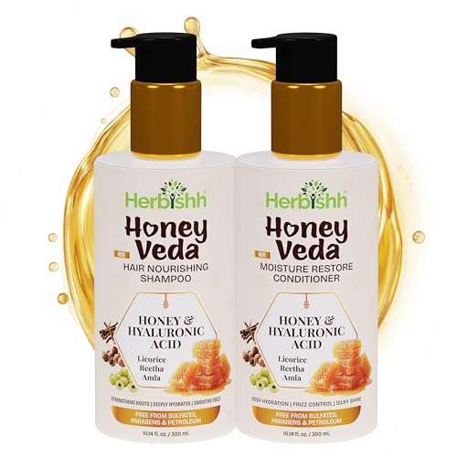 Image of Herbishh Honey Shampoo and Conditioner Combo Pack of 2 (300ml + 300ml) - Sulfate Free Hair Care Set for Dry & Frizzy Hair, Moisture Restore Formula with Keratin, Amla, Reetha & Licorice Extracts