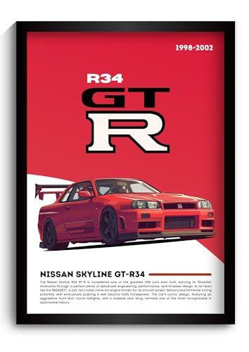 Image of Nissan GTR R34 Poster | Framed Poster of Nissan Godzilla A4 Sized (31 x 23 cm) | JDM Car Posters for Wall, Supercar Frame | R34 GTR Supercar Frames | Car Posters for Wall, Bedroom, Hostel, Study Room (F 055)