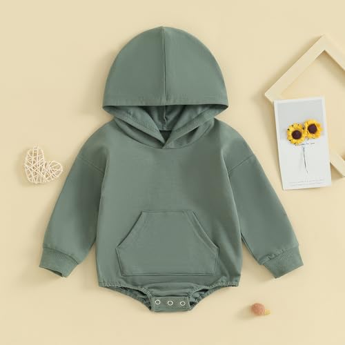 Newborn Baby Boy Girl Hooded Romper Long Sleeve Front Pocket Solid Color Hoodie Onesie Fall Winter Outfit2