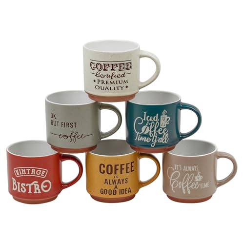 URBNLIVING Lot de 6 tasses à café en céramique de style vintage - Couleurs assorties - Passe au lave-vaisselle et au micro-ondes - Idéal pour la maison ou le bureau - 120 ml et 260 ml
