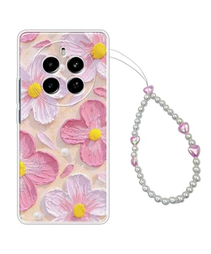 COBERTA Printed Back Cover for Realme P1 5G Back Cover Case with Phone Charm Chain Strap Beads & Pearls for Girls Stylish - Beach Pink Floral Charms - D16689