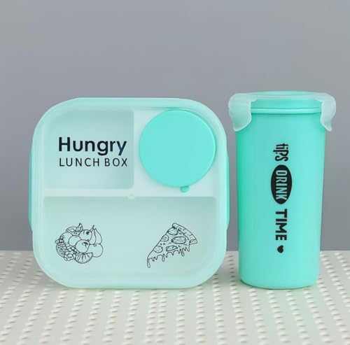 Image of Hungry Lunch Box with Water Bottle | Leakproof 3 Compartment Tiffin Box with Spoon, Fork & Sauce Container | BPA Free Food Grade Plastic | Microwave & Dishwasher Safe Lunch Box for School (Sea Blue)