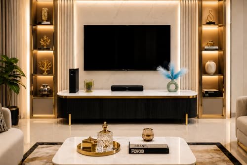 Image of Mazzo Modern TV Unit /Console - 70 inchx12 inchx18 inch White Marble Top with Golden Acrylic, Waterproof Plywood & Charcoal Louvers - Media Cabinet | Modern TV Stand Console Without Storage (Black)