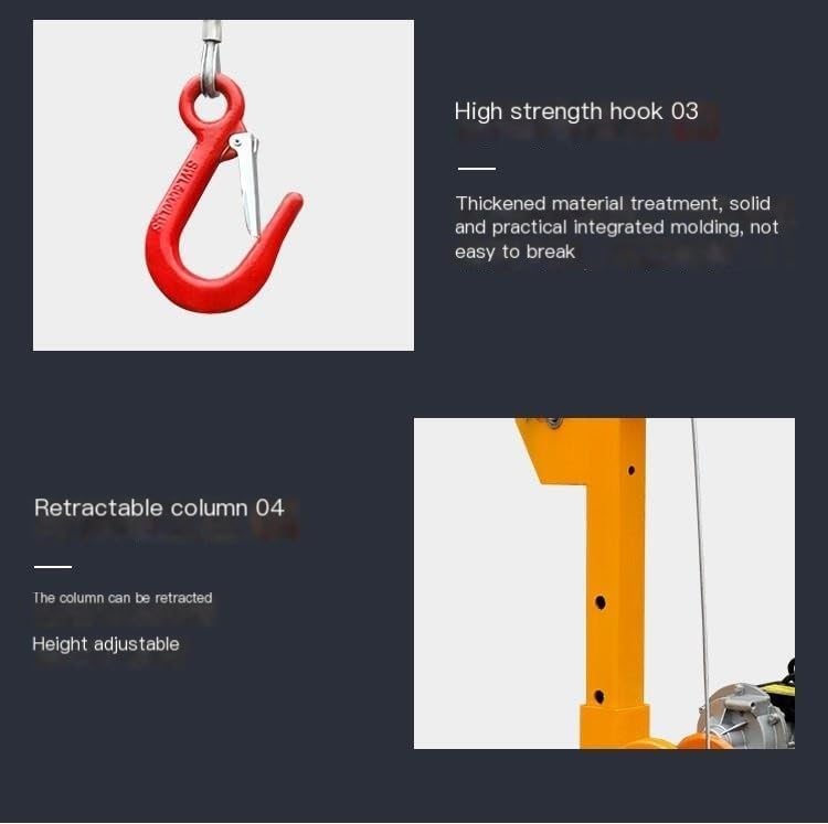 Close-up of the high-strength hook and retractable column of the crane.