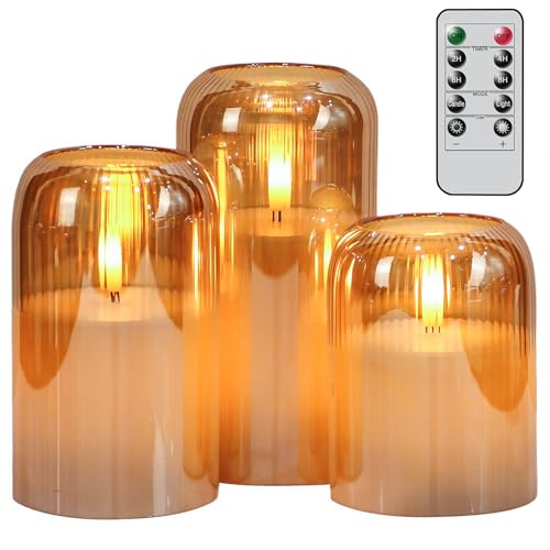 Image of Eldnacele Gold Glass Flameless Candles with Remote and Timer, Battery Operated 3D Wick Flickering LED Pillar Candles for Dinner Wedding Holiday Decor(3Pcs, D3xH4 /5 inch /6 inch)